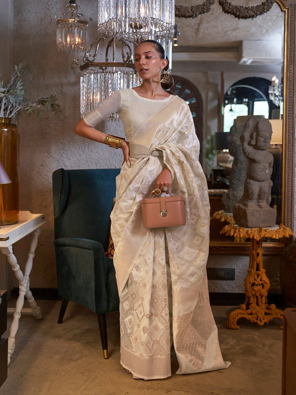 Designer White Banarasi Linen Silk Saree - The Dori Store