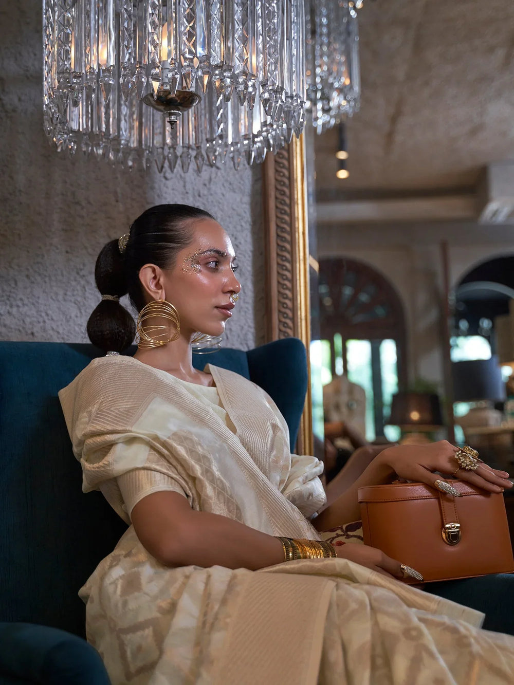 Designer White Banarasi Linen Silk Saree - The Dori Store