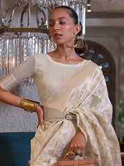 Designer White Banarasi Linen Silk Saree - The Dori Store