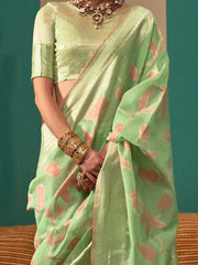 Light Green Banarasi Linen Silk Saree - The Dori Store