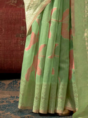 Light Green Banarasi Linen Silk Saree - The Dori Store