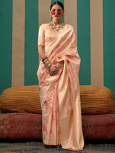 Cream Banarasi Linen Silk Saree - The Dori Store