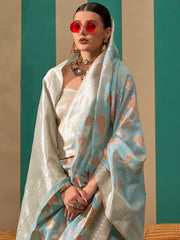 Ethnic Blue Banarasi Linen Silk Saree - The Dori Store