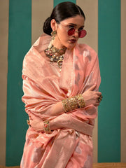 Peach Pink Banarasi Linen Silk Saree - The Dori Store