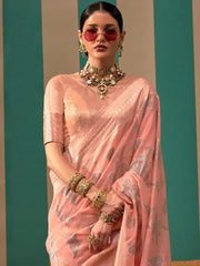 Peach Pink Banarasi Linen Silk Saree - The Dori Store