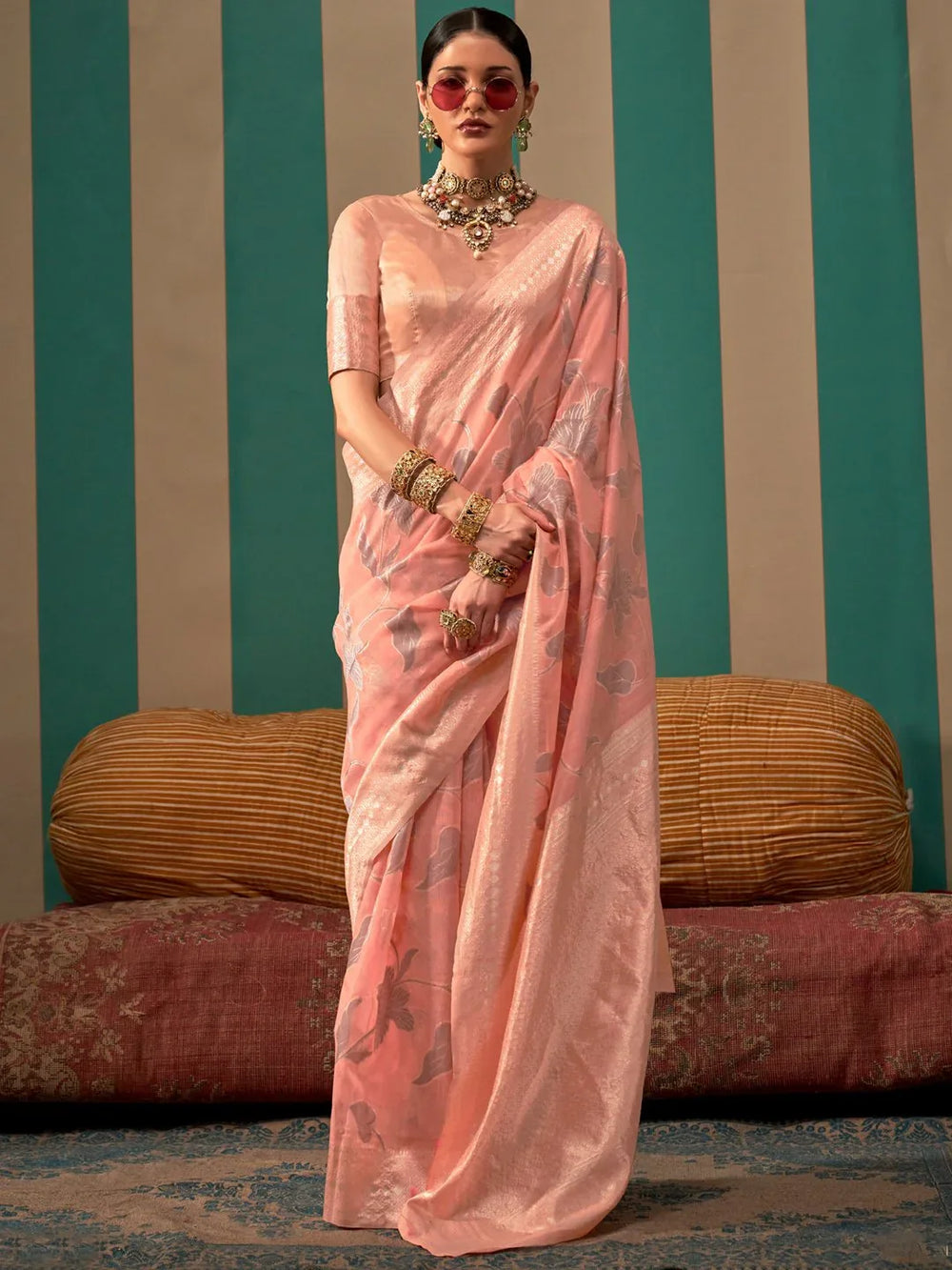 Peach Pink Banarasi Linen Silk Saree - The Dori Store