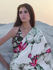 Off White Banarasi Crepe Printed Saree - The Dori Store