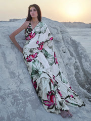 Off White Banarasi Crepe Printed Saree - The Dori Store