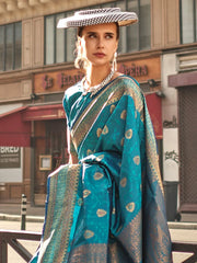 Blue Banarasi Soft Silk Woven Saree - The Dori Store