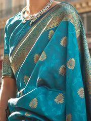 Blue Banarasi Soft Silk Woven Saree - The Dori Store