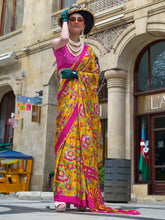 Pinkish Yellow Satin Printed Crepe Silk Saree - The Dori Store