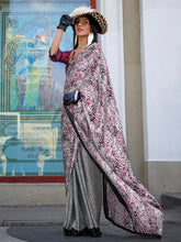 Pinkish White Satin Printed Crepe Silk Saree - The Dori Store