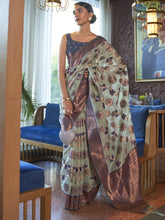 Bluish Green Floral Organza Shimmer Silk Zari Woven Saree - The Dori Store