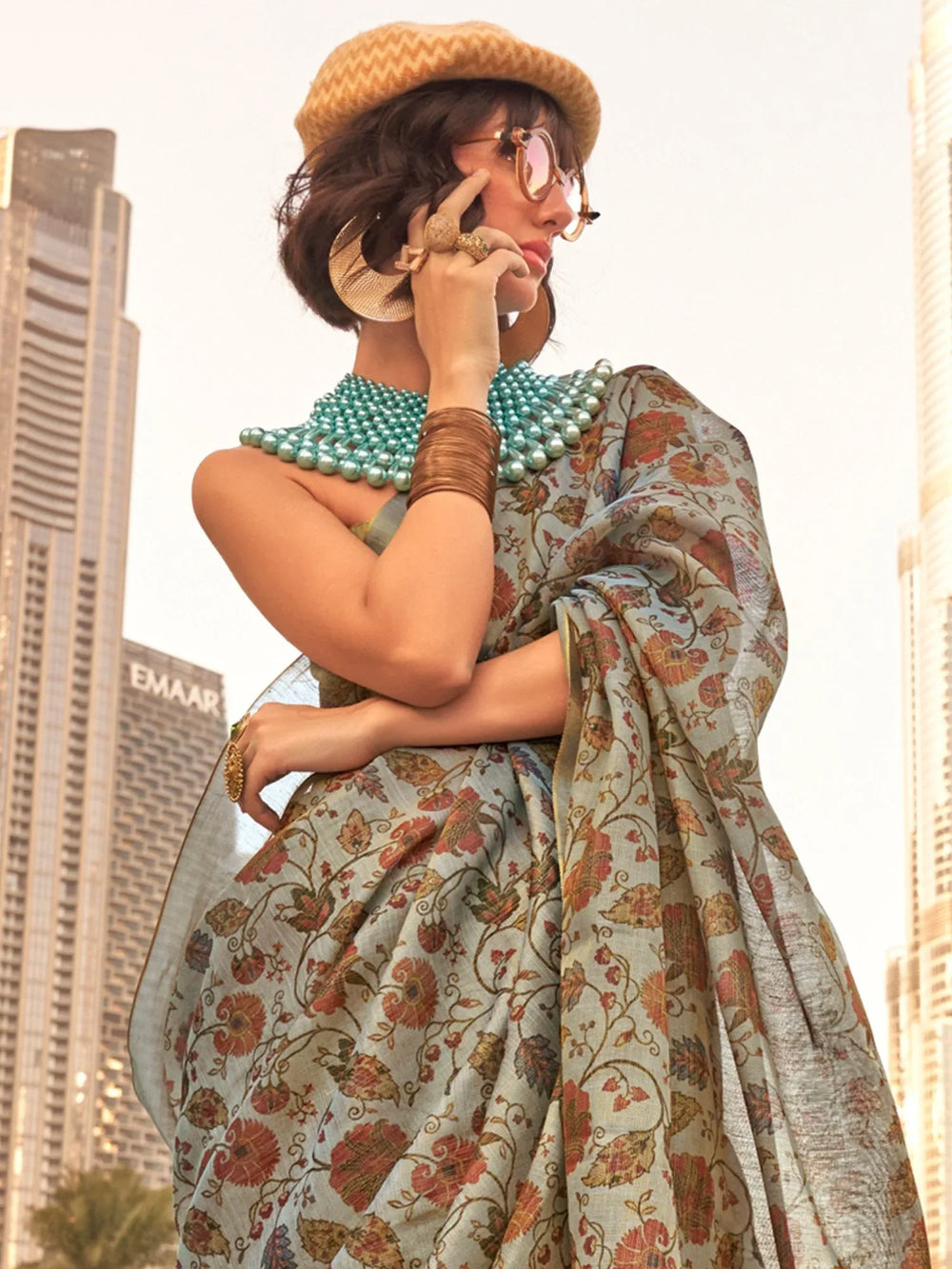 Graceful Grey Printed Soft Silk Saree - The Dori Store