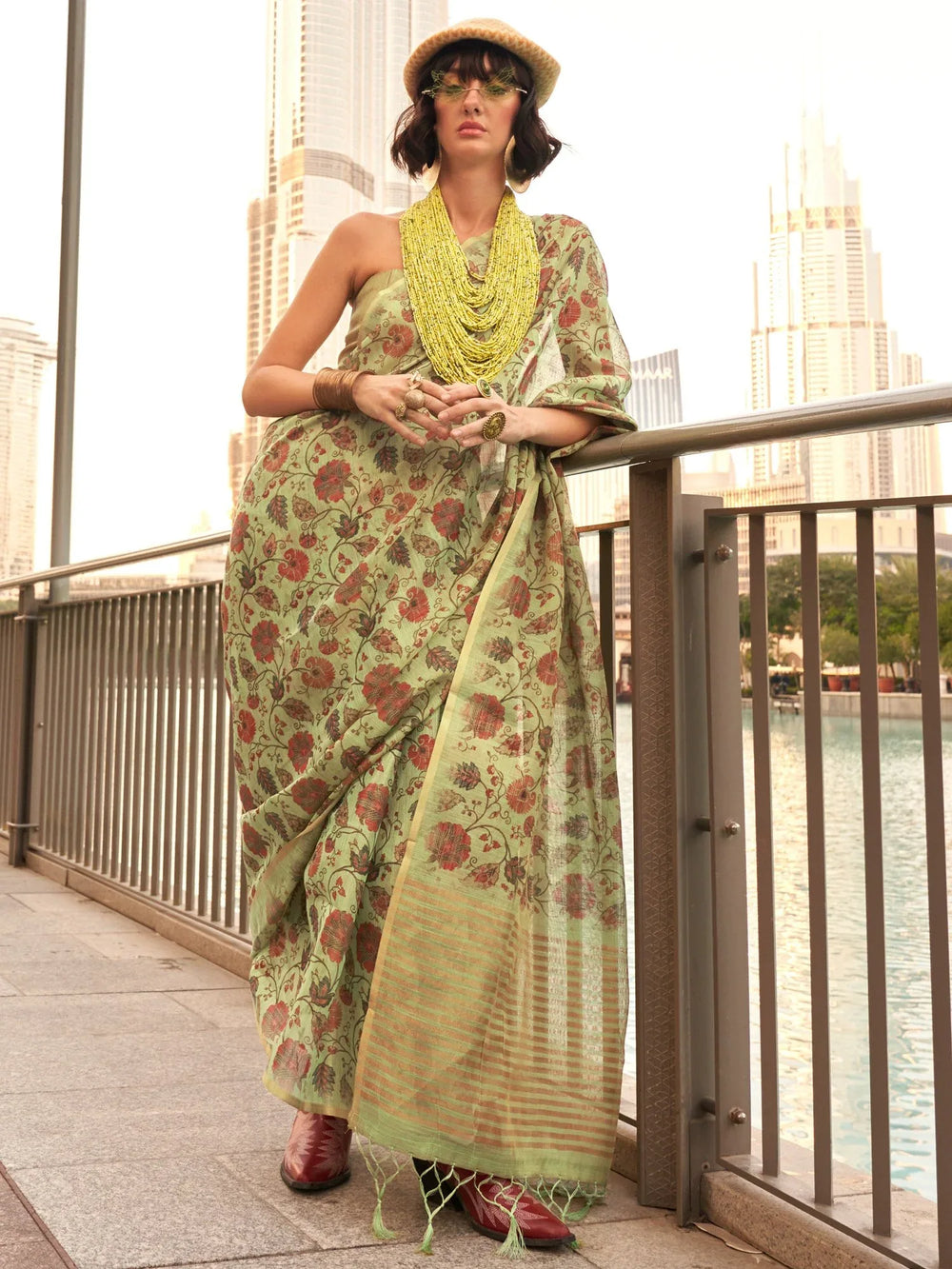 Light Green Printed Soft Silk Saree - The Dori Store