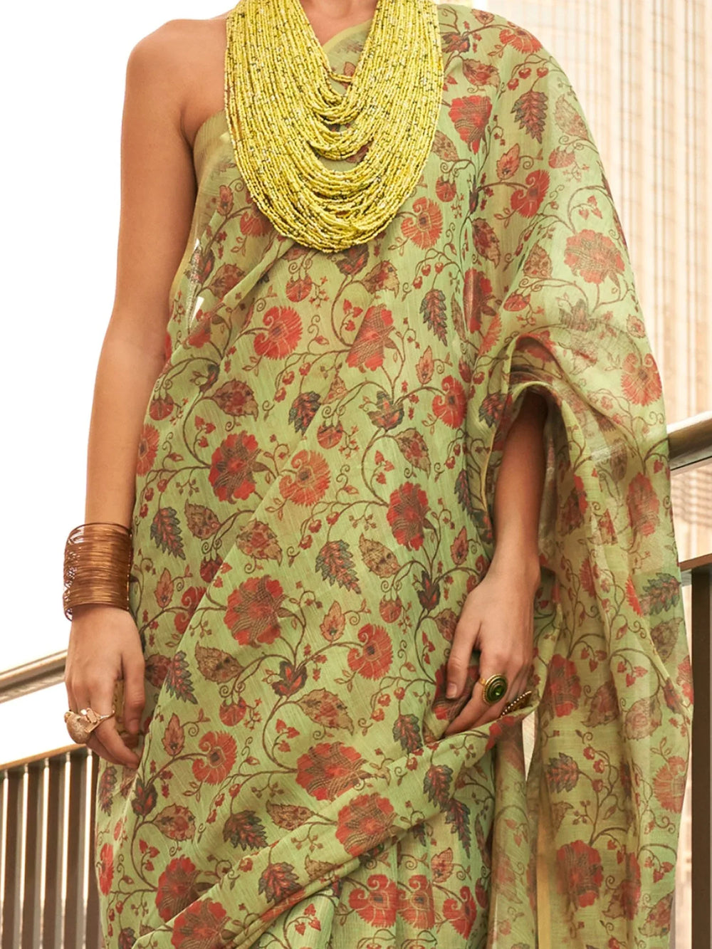 Light Green Printed Soft Silk Saree - The Dori Store