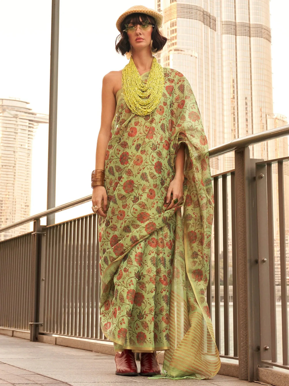 Light Green Printed Soft Silk Saree - The Dori Store
