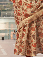 Beige Cream Printed Soft Silk Saree - The Dori Store