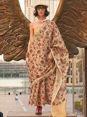 Beige Cream Printed Soft Silk Saree - The Dori Store