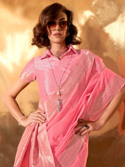 Bloom Pink Soft Linen Silk Saree - The Dori Store