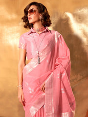 Bloom Pink Soft Linen Silk Saree - The Dori Store
