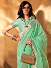Sea Green Soft Linen Silk Saree - The Dori Store