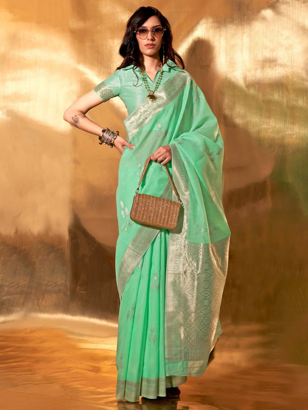 Sea Green Soft Linen Silk Saree - The Dori Store