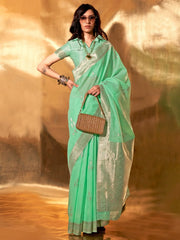 Sea Green Soft Linen Silk Saree - The Dori Store