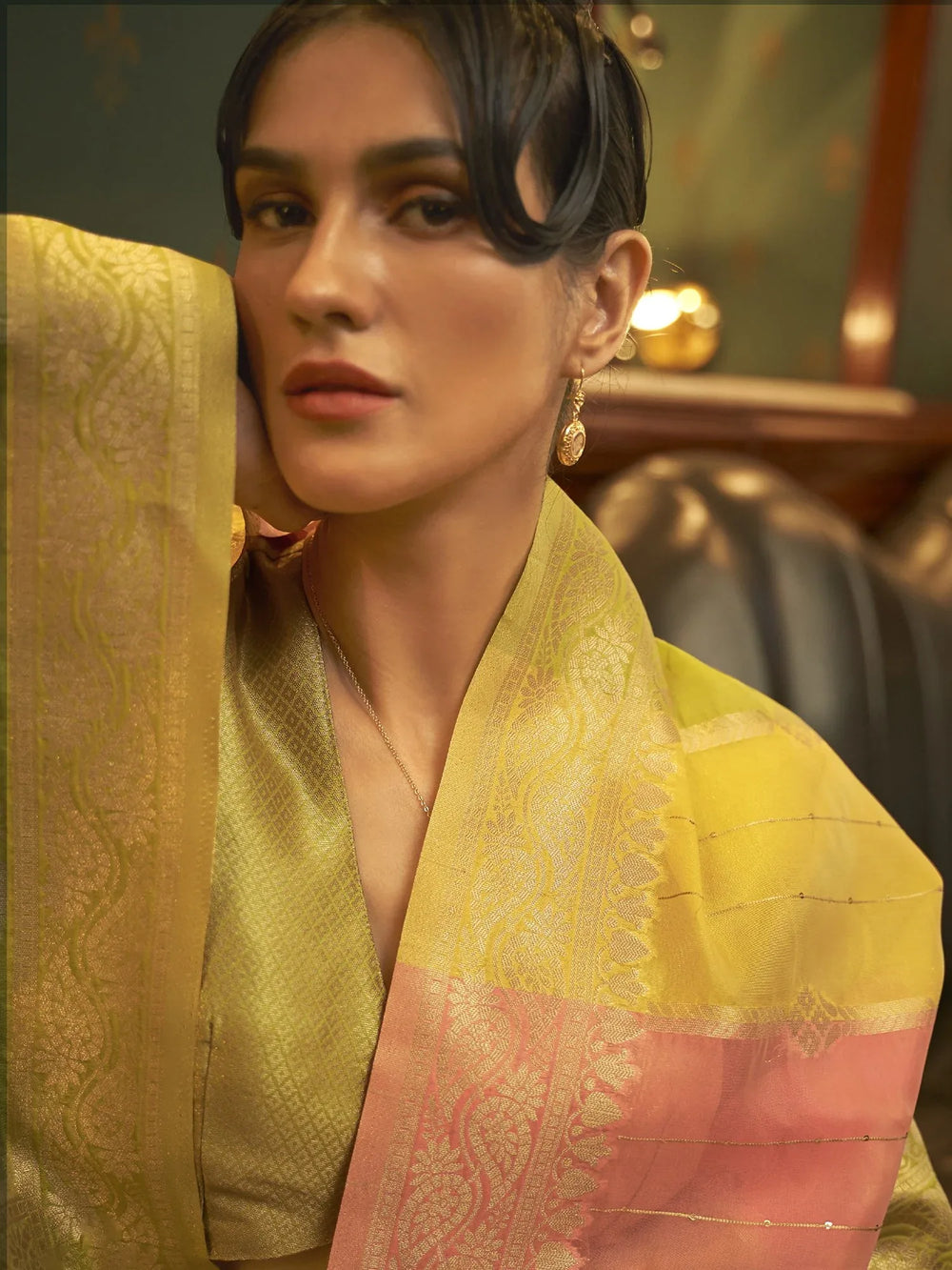 Yellow and Pink Multicolor Organza Silk Saree - The Dori Store