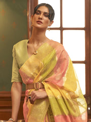 Yellow and Pink Multicolor Organza Silk Saree - The Dori Store