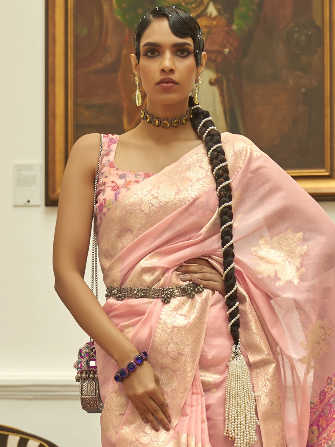 Pink Bagru Silk Blend Woven Saree