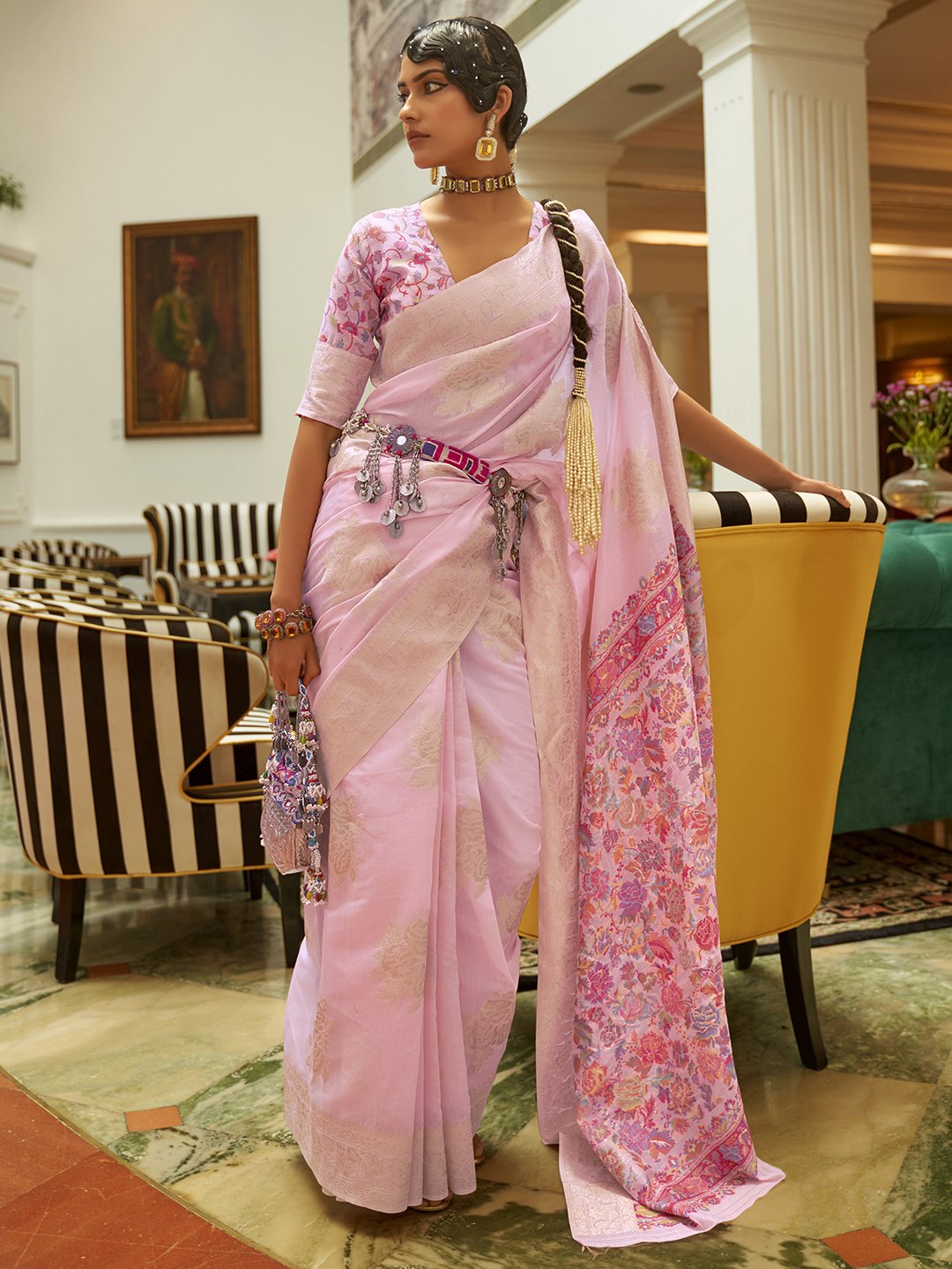 Pink Mauve Bagru Silk Blend Woven Saree