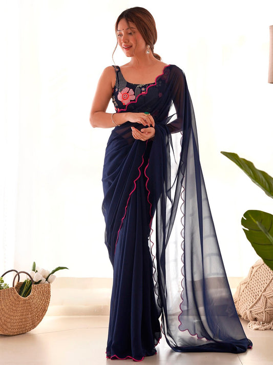Blue Navy Party Wear Georgette Embellished Saree