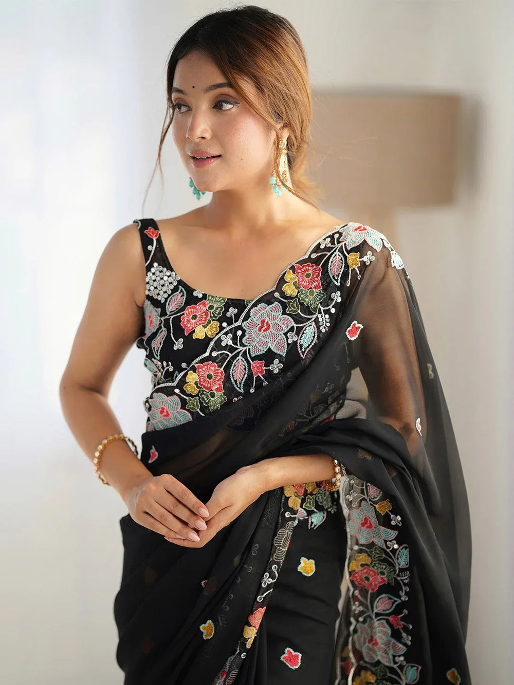 Stunning Black Embroidered Georgette Saree - The Dori Store