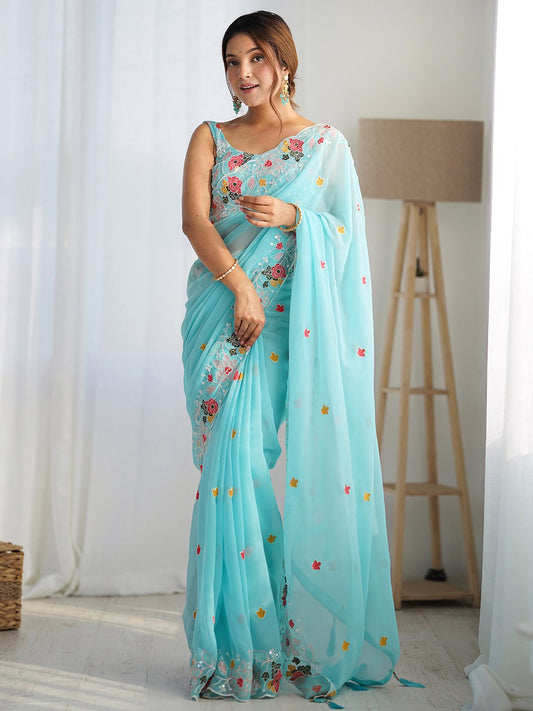 Blue Light Party Wear Georgette Embellished Saree