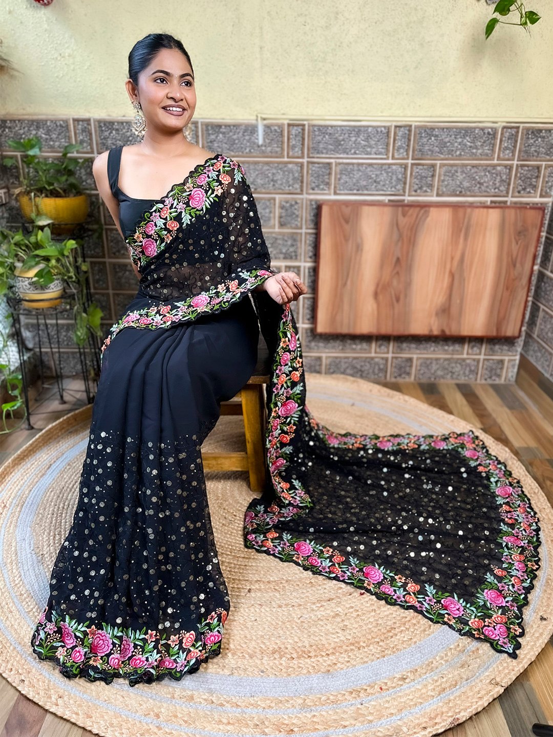 Black Party Wear Georgette Embellished Saree