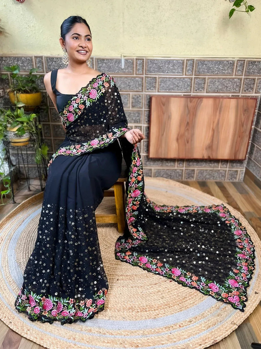 Black Party Wear Georgette Embellished Saree - The Dori Store