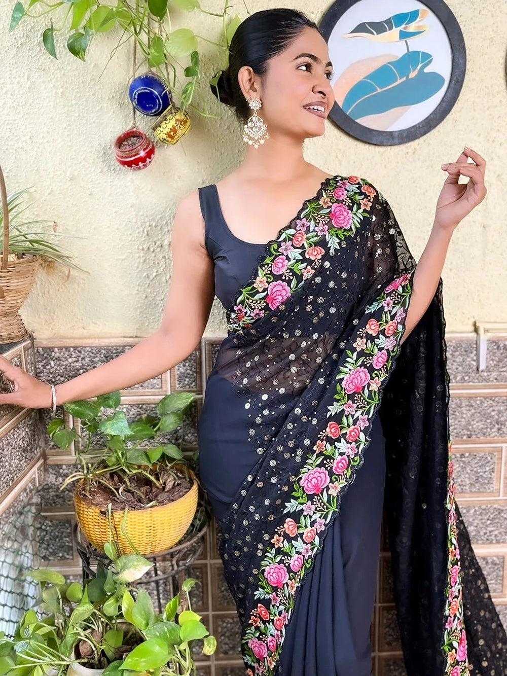 Black Party Wear Georgette Embellished Saree - The Dori Store