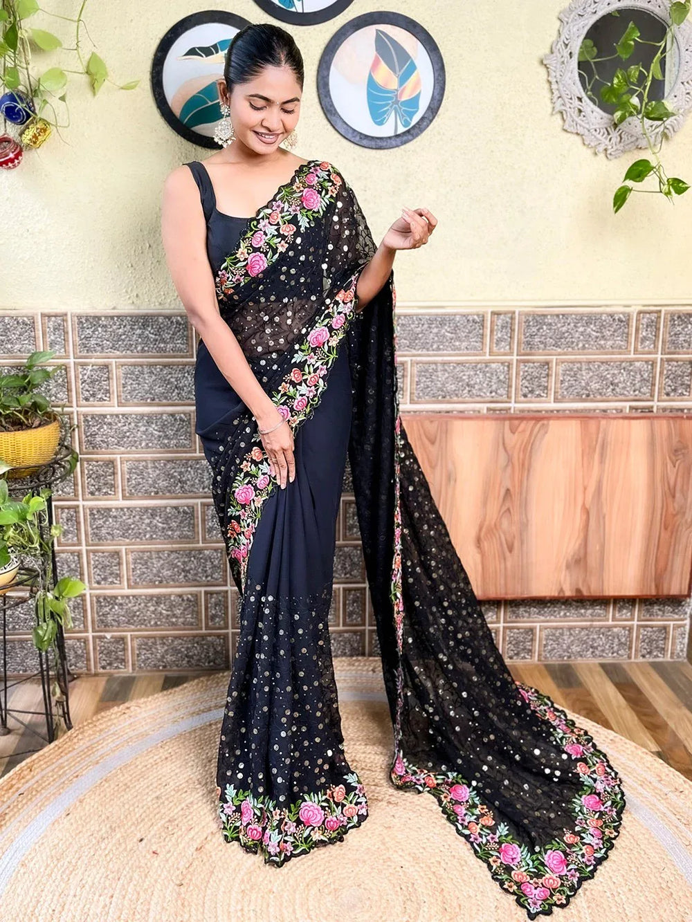 Black Party Wear Georgette Embellished Saree - The Dori Store