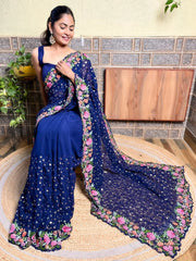 Exquisite Blue Floral Georgette Saree - The Dori Store