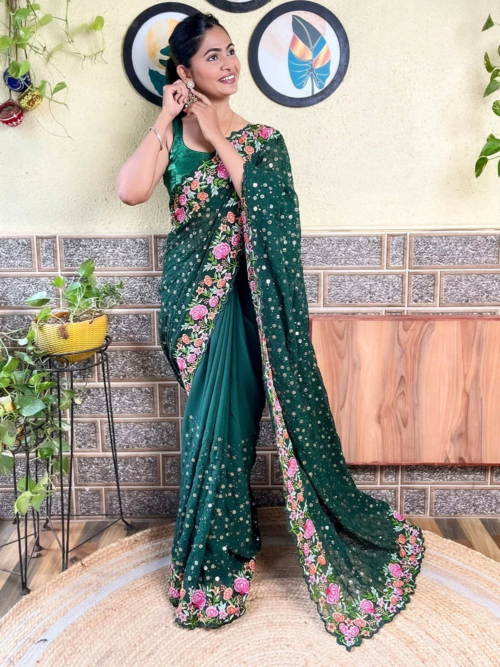 Green Party Wear Georgette Embellished Saree - The Dori Store