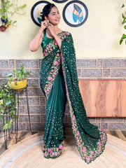 Green Party Wear Georgette Embellished Saree - The Dori Store
