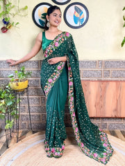 Green Party Wear Georgette Embellished Saree - The Dori Store