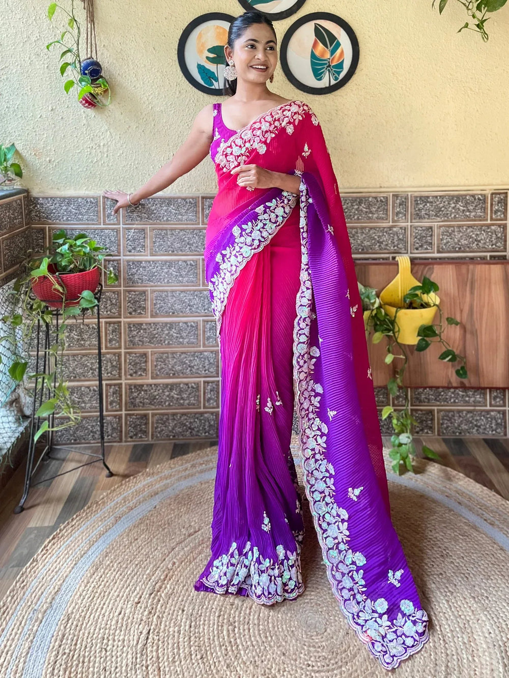 Purplish Pink Partywear Georgette Saree - The Dori Store