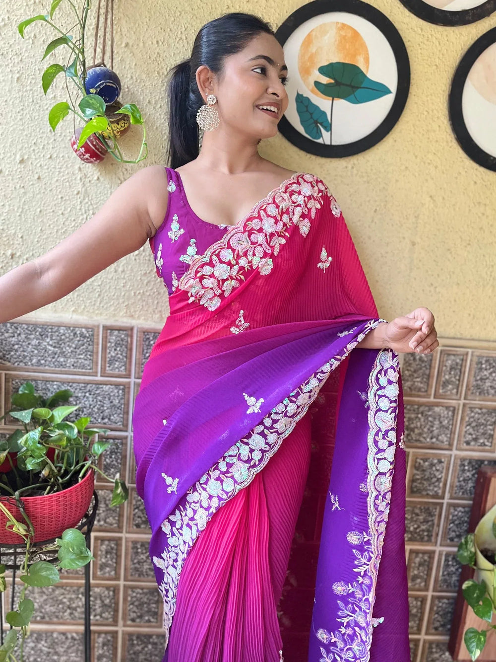 Purplish Pink Partywear Georgette Saree - The Dori Store