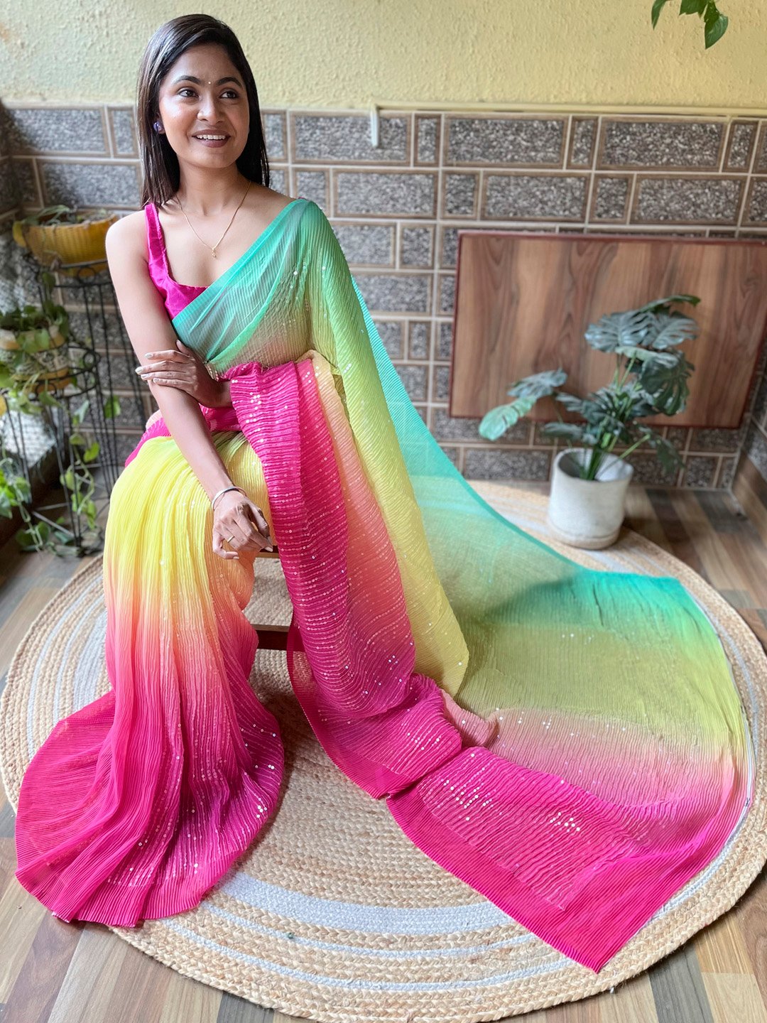 Yellow Party Wear Georgette Embellished Saree