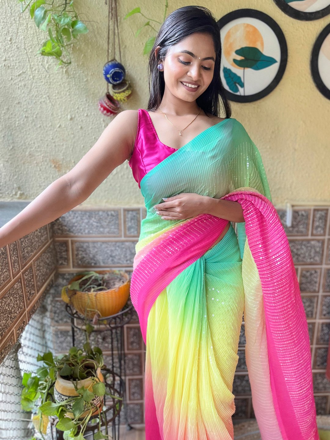 Yellow Party Wear Georgette Embellished Saree