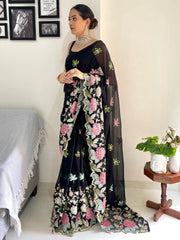 Black Party Wear Georgette Embellished Saree - The Dori Store
