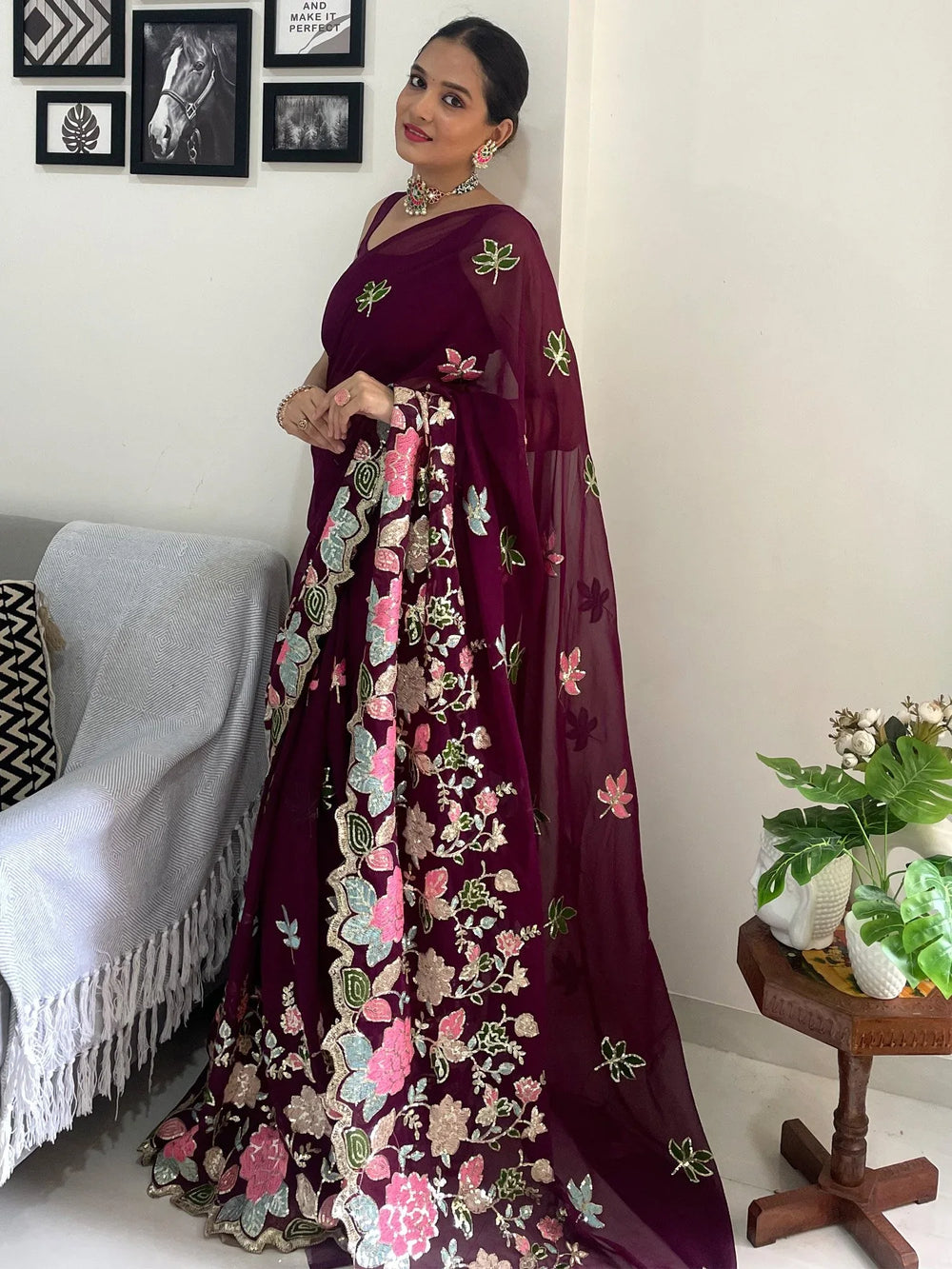 Partywear Burgundy Designer Georgette Sequins Saree - The Dori Store