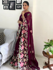 Partywear Burgundy Designer Georgette Sequins Saree - The Dori Store